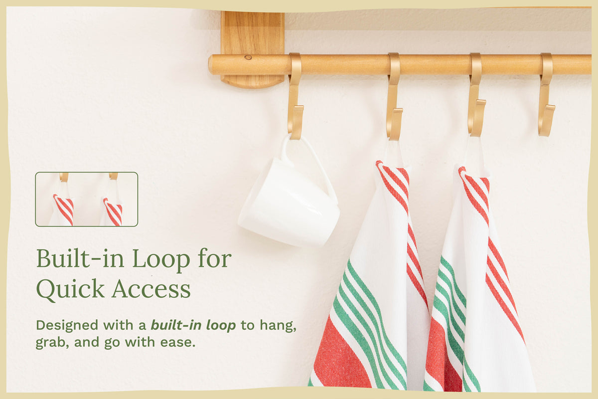 Red and green striped cotton kitchen towels — hanging loop detail; props not included