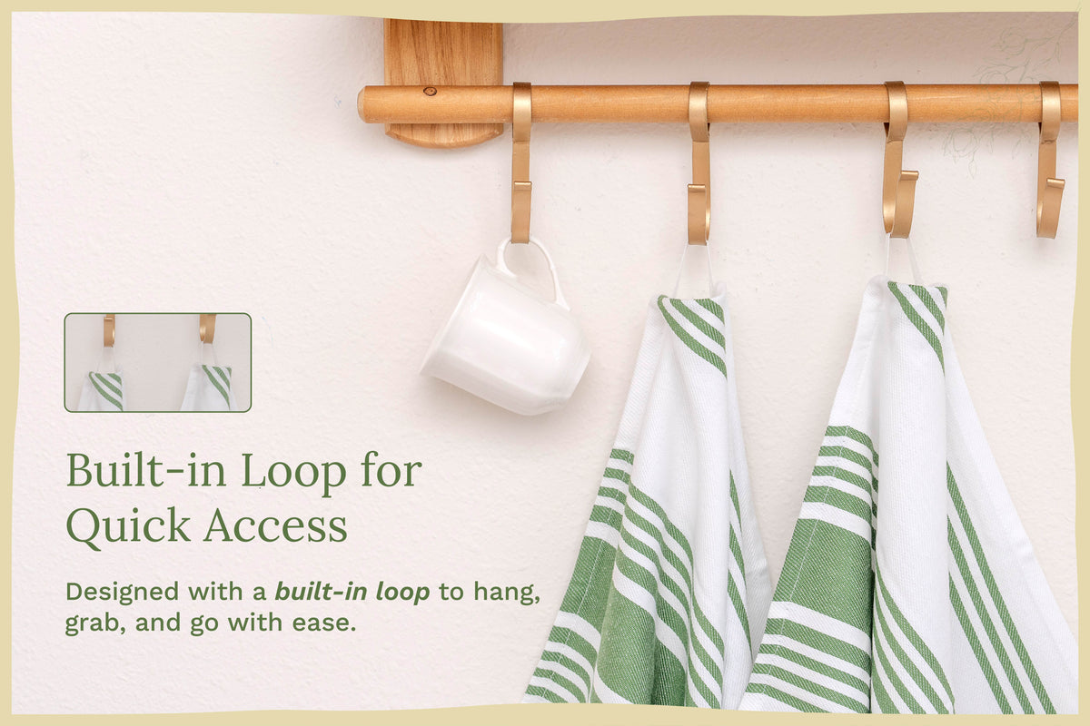 Olive green striped cotton kitchen towels — hanging loop detail; props not included