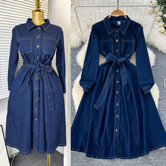 Women's Lace-Trim Denim Long-Sleeve Dress — view 1