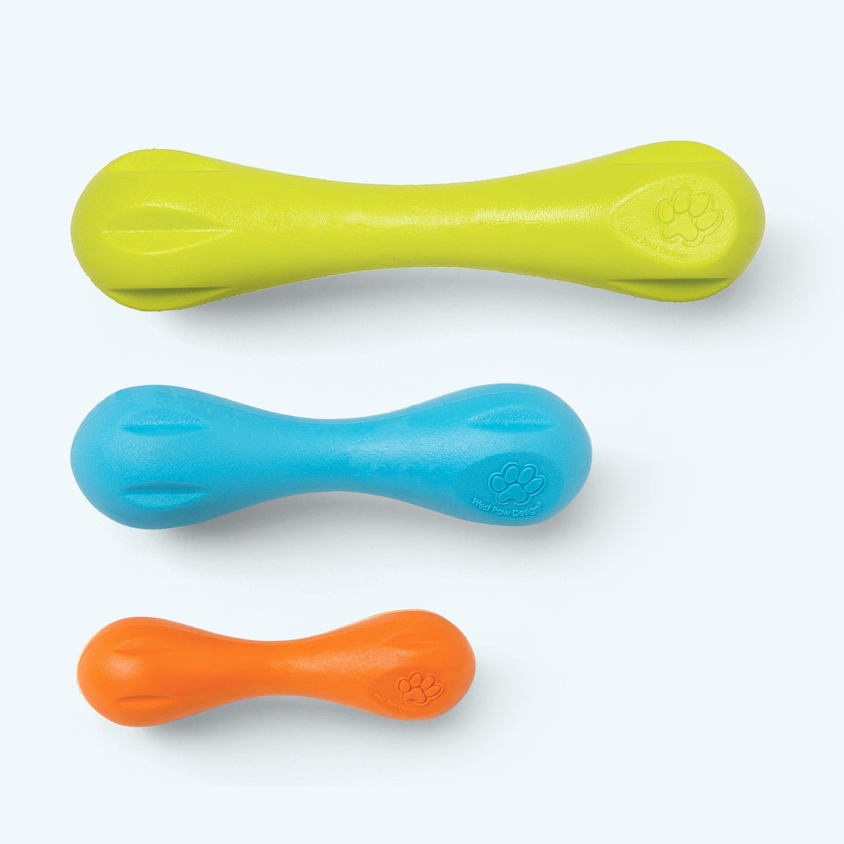 West Paw Hurley color options shown together; one toy in the selected size and color is included per order.