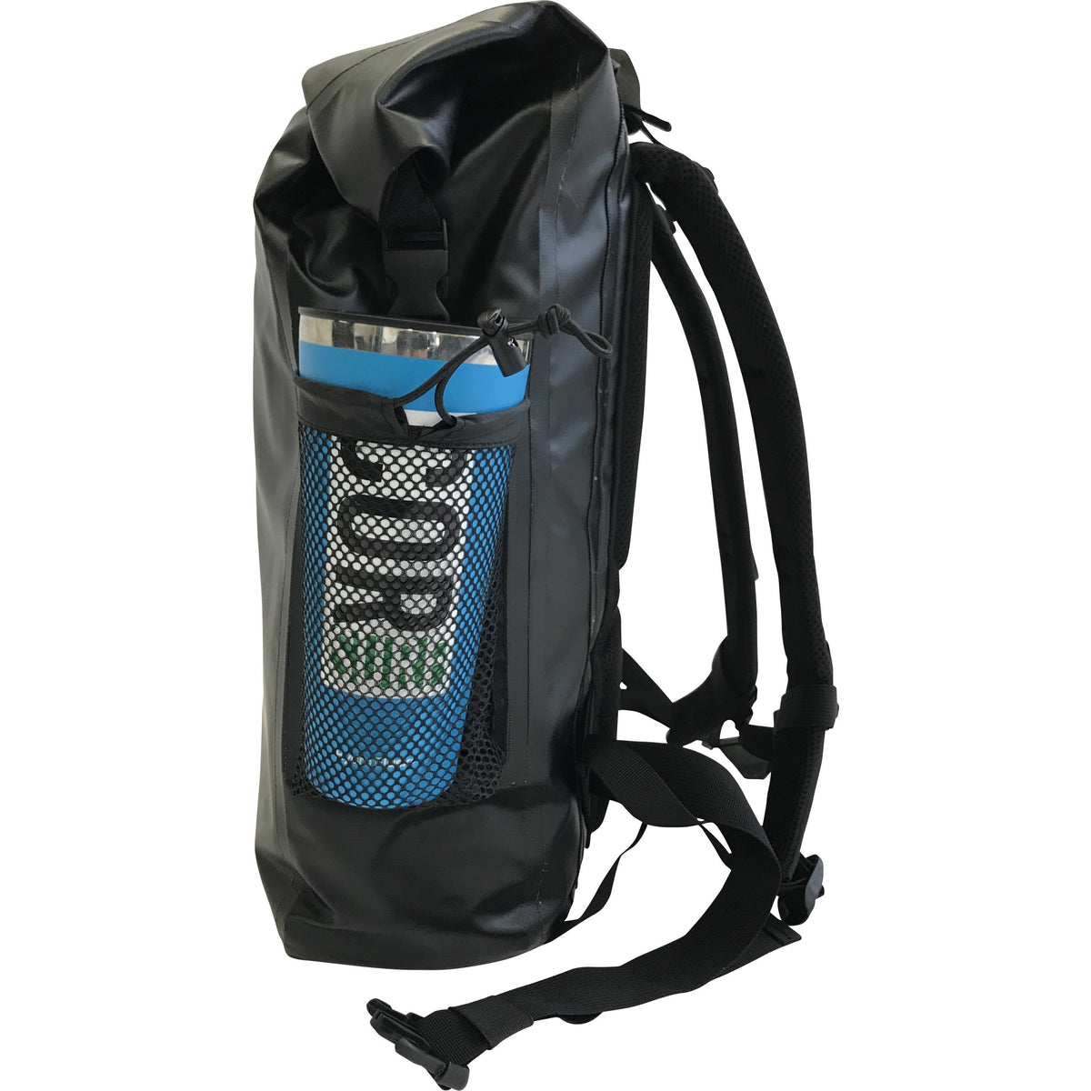 Side pocket holding a demonstration bottle; bottle not included.