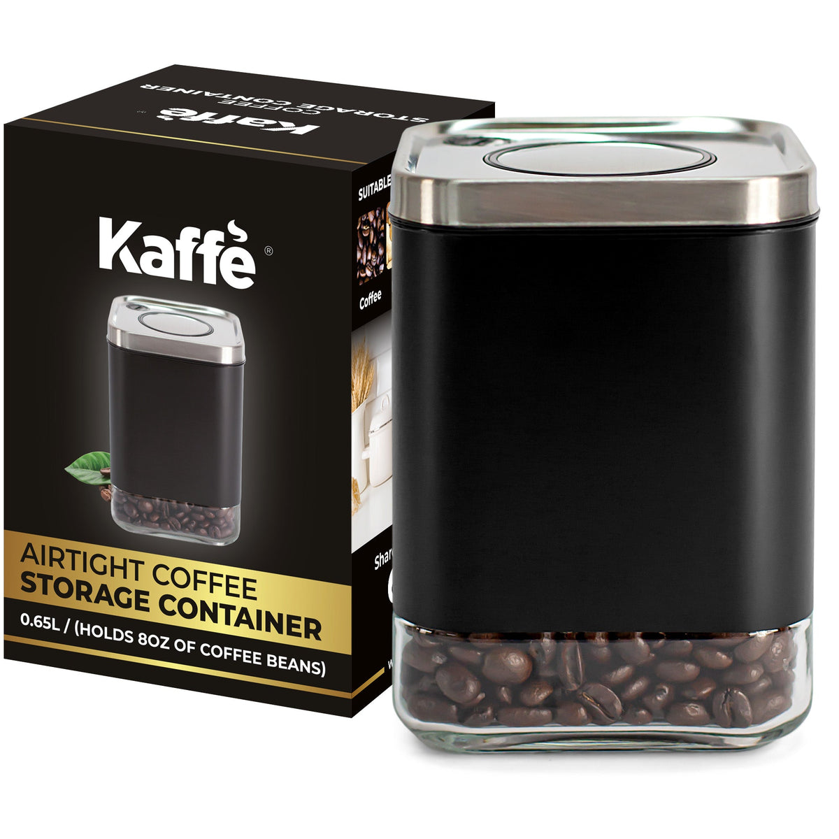Kaffe KF3020S canister beside its retail box, with coffee beans shown for illustration; beans are not included.
