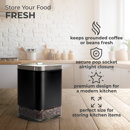Kaffe KF3020S canister on a kitchen counter with coffee beans shown for illustration; beans are not included.