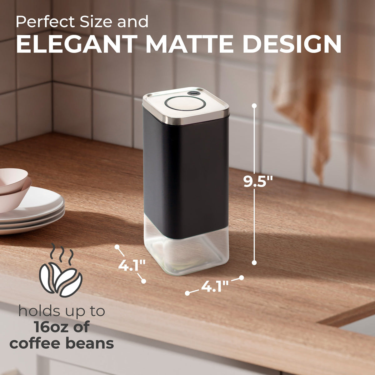 KF3022S coffee canister with manufacturer dimensions of 9.5 inches high and 4.1 inches wide and deep; described for up to 16 ounces of coffee beans.