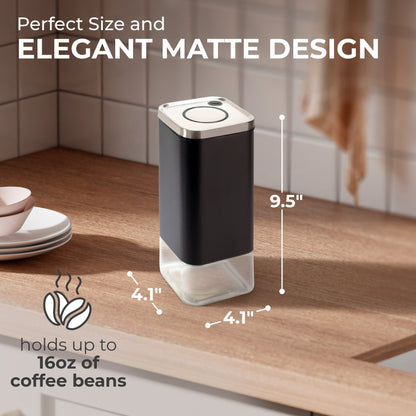 KF3022S coffee canister with manufacturer dimensions of 9.5 inches high and 4.1 inches wide and deep; described for up to 16 ounces of coffee beans.