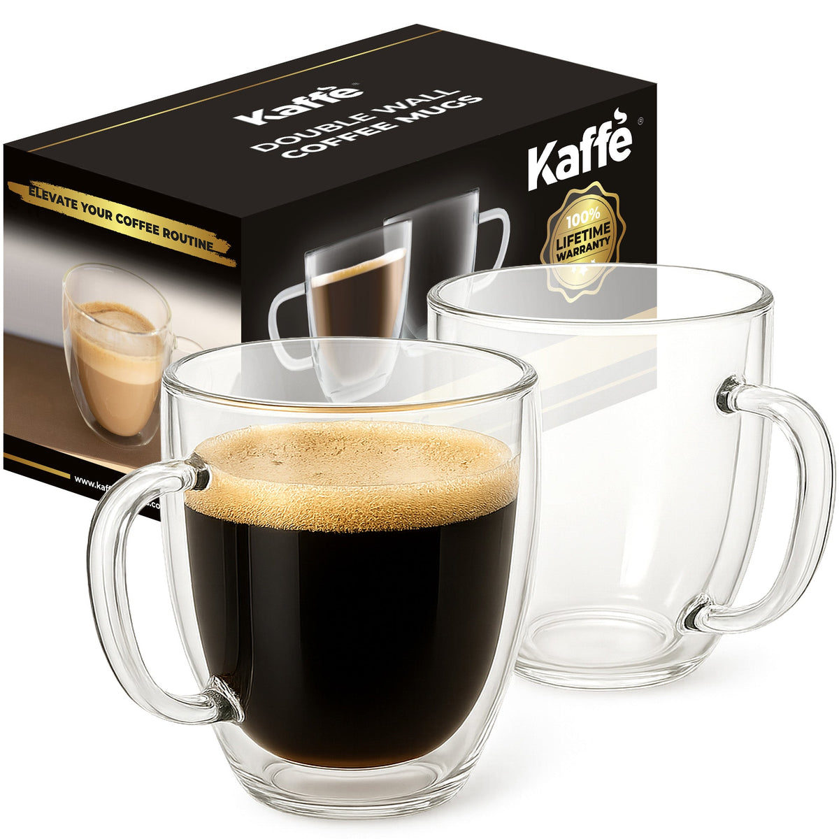 Kaffe KF4042 two-mug set with retail box; drink shown for styling