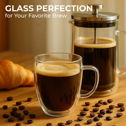 Kaffe glass mug styled beside a French press; press, food and drink not included