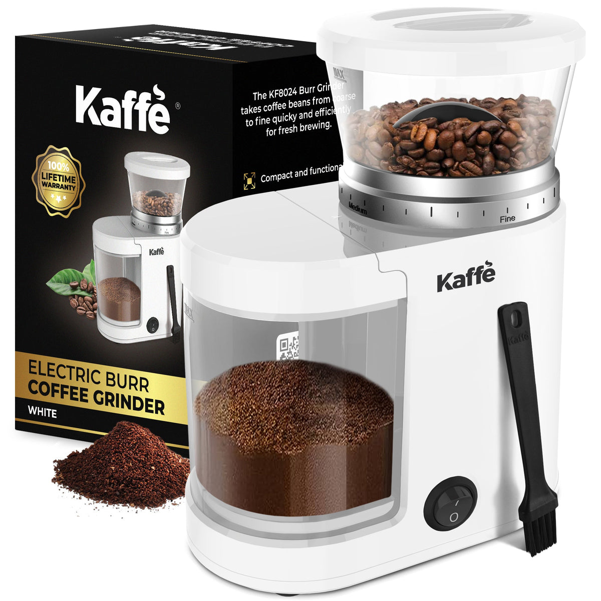 White Kaffe KF8024 grinder with retail box; coffee beans shown for styling