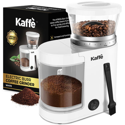 White Kaffe KF8024 grinder with retail box; coffee beans shown for styling
