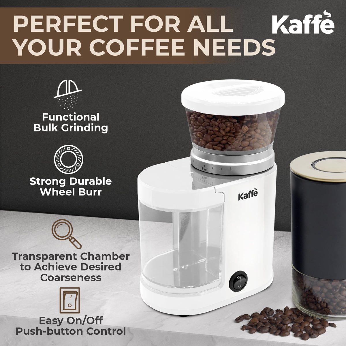White Kaffe KF8024 grinder with push-button control and clear bean hopper; cup and beans excluded