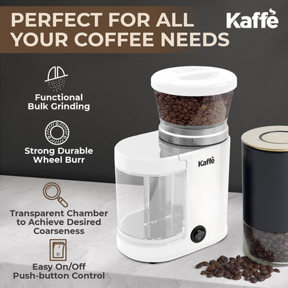White Kaffe KF8024 grinder with push-button control and clear bean hopper; cup and beans excluded
