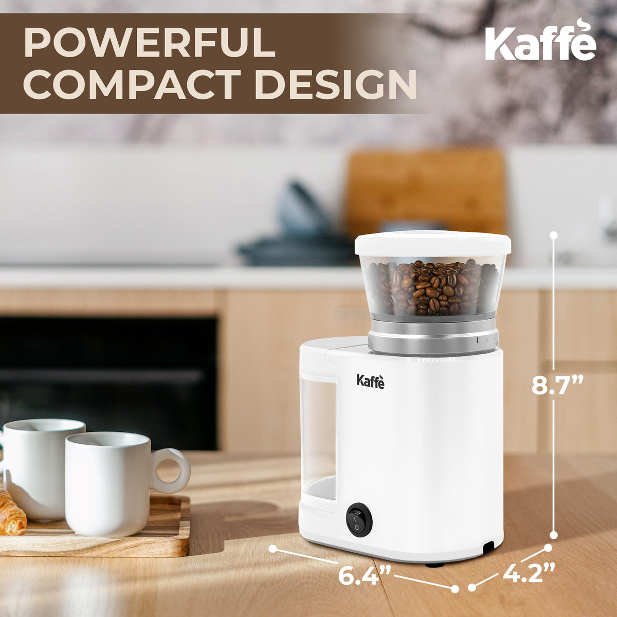 Supplier size graphic for the white Kaffe KF8024 grinder: 6.4 by 8.7 by 4.2 inches; cup excluded
