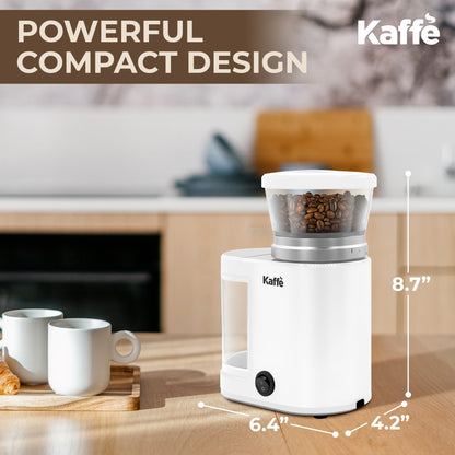 Supplier size graphic for the white Kaffe KF8024 grinder: 6.4 by 8.7 by 4.2 inches; cup excluded
