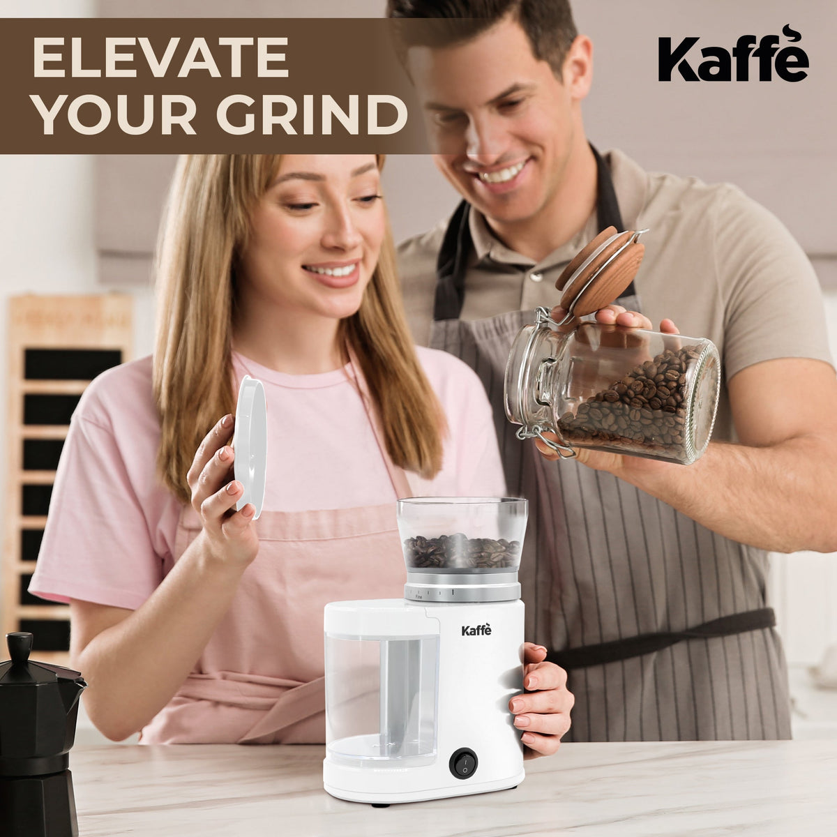 White Kaffe KF8024 grinder styled on a kitchen counter; people, coffee beans and other props are not included