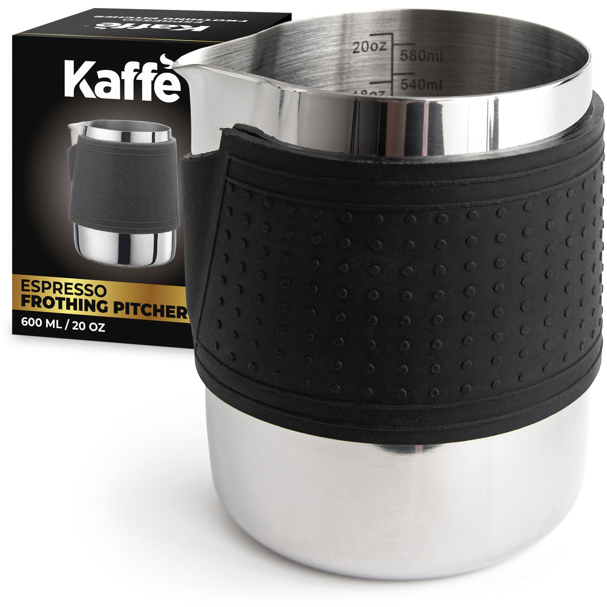 Kaffe KFFP01 milk frothing pitcher beside its retail packaging