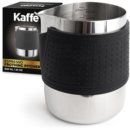 Kaffe KFFP01 milk frothing pitcher beside its retail packaging