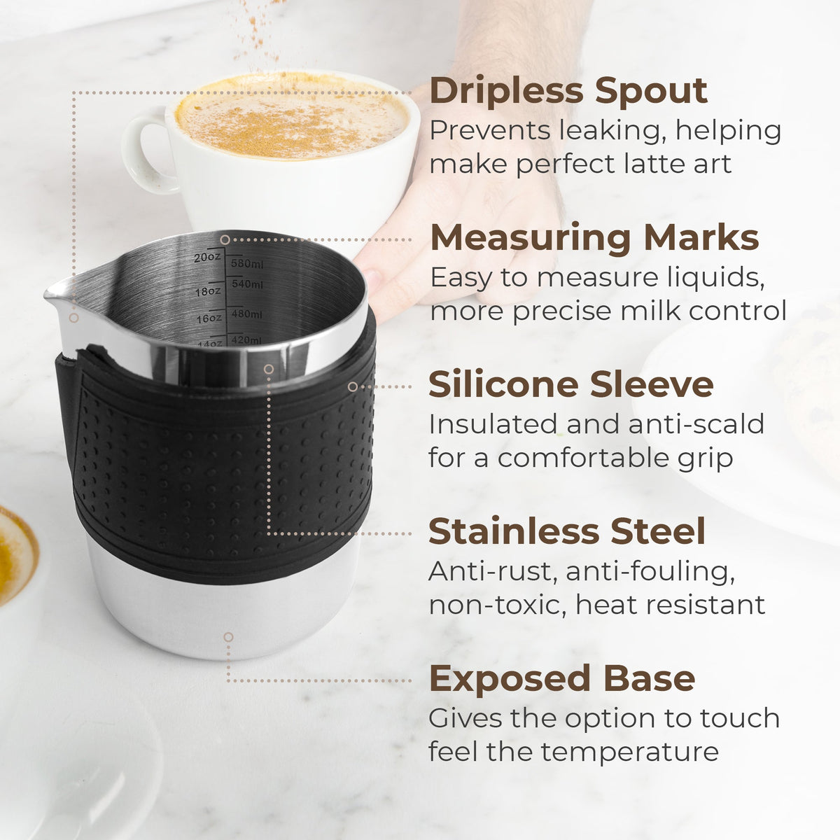 Kaffe manufacturer illustration of the spout, measurement markings and silicone sleeve; drinks and cups not included