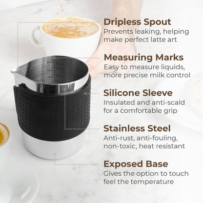 Kaffe manufacturer illustration of the spout, measurement markings and silicone sleeve; drinks and cups not included