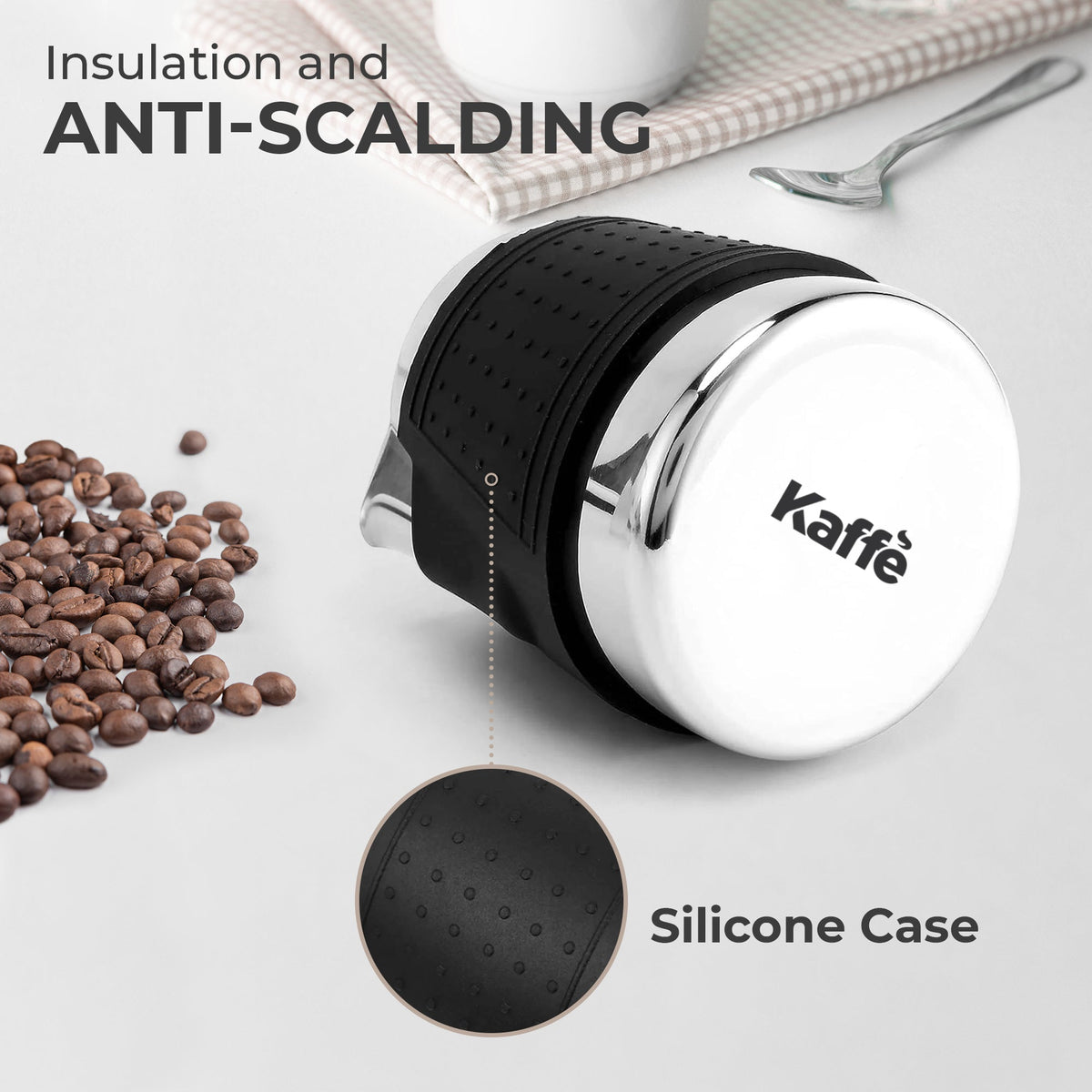 Kaffe manufacturer illustration showing the pitcher body and removable black silicone sleeve