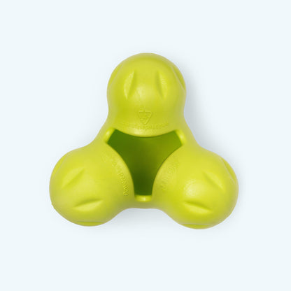 Granny Smith green West Paw Tux treat toy shown from the front, with its central cavity visible.