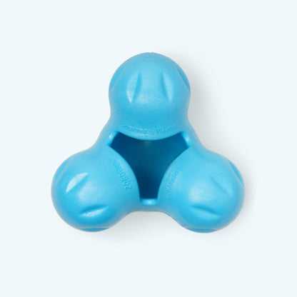 Aqua Blue West Paw Tux treat toy shown from the front, with its central cavity visible.