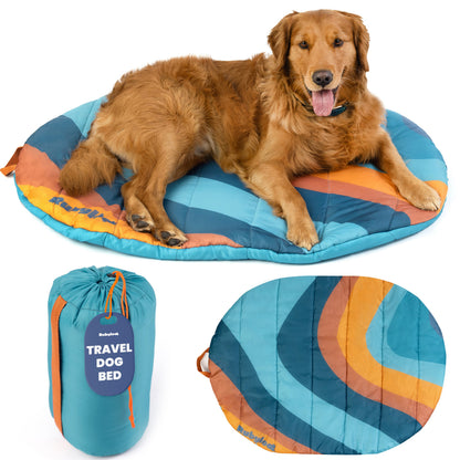 Rubyloo Sunset Surf Teal medium travel dog bed with dog and included carry bag