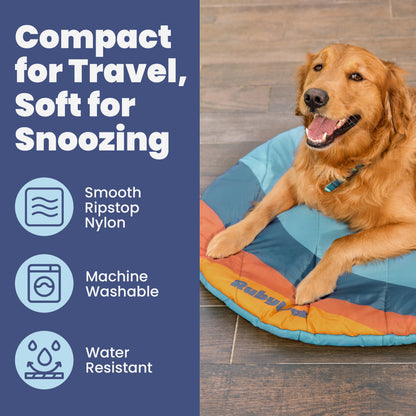 Rubyloo travel dog bed shown with a dog on the fabric