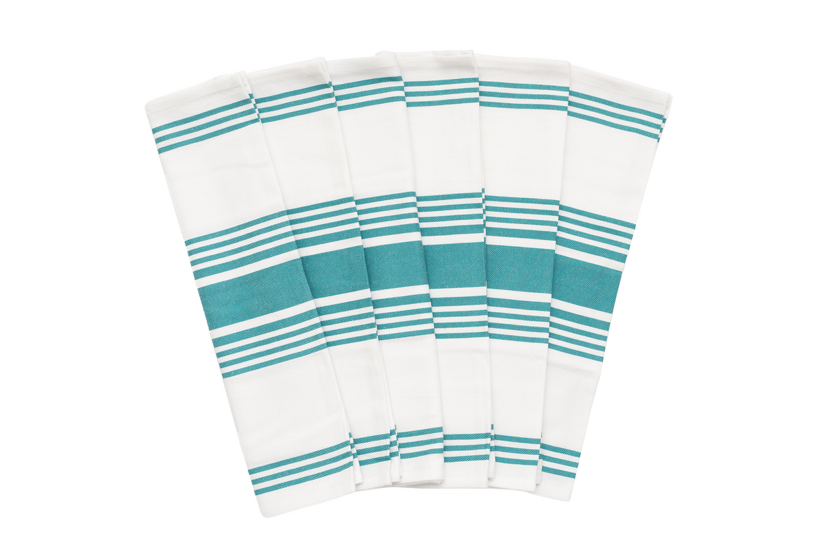 Teal striped cotton kitchen towels — six-piece set
