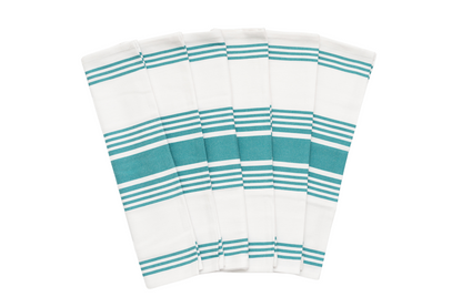 Teal striped cotton kitchen towels — six-piece set