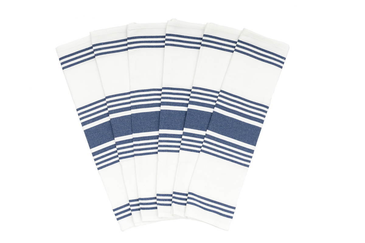 Blue striped cotton kitchen towels — six-piece set