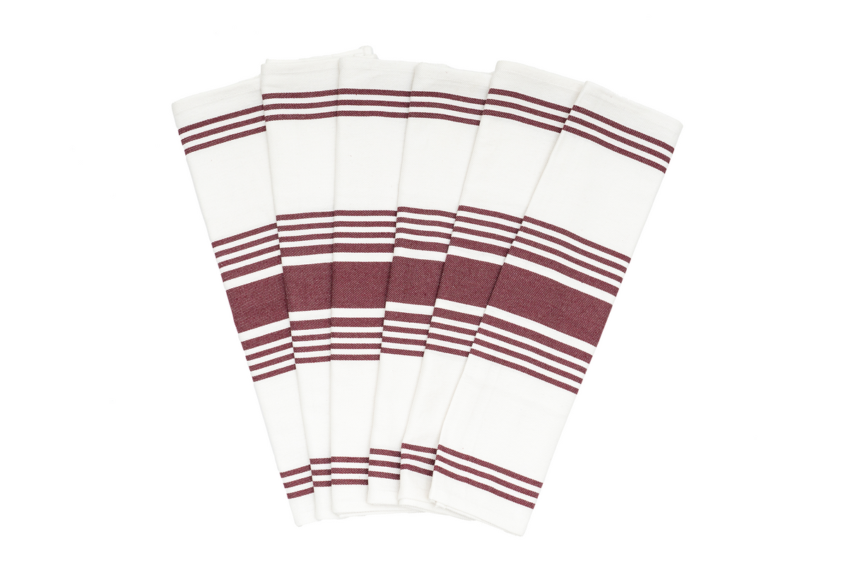 Maroon striped cotton kitchen towels — six-piece set