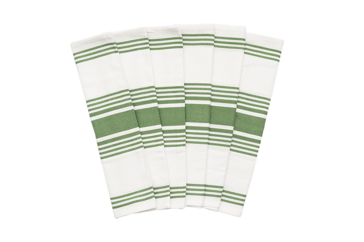 Olive green striped cotton kitchen towels — six-piece set