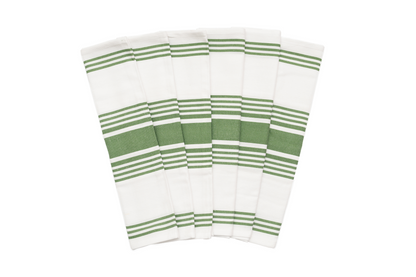 Olive green striped cotton kitchen towels — six-piece set