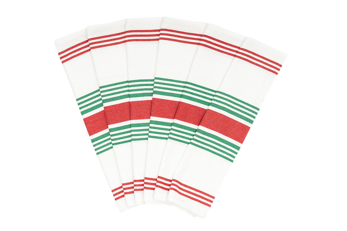 Red and green striped cotton kitchen towels — six-piece set