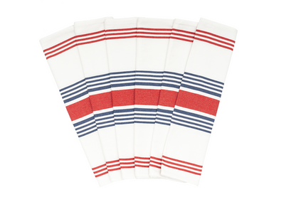 Red and blue striped cotton kitchen towels — six-piece set