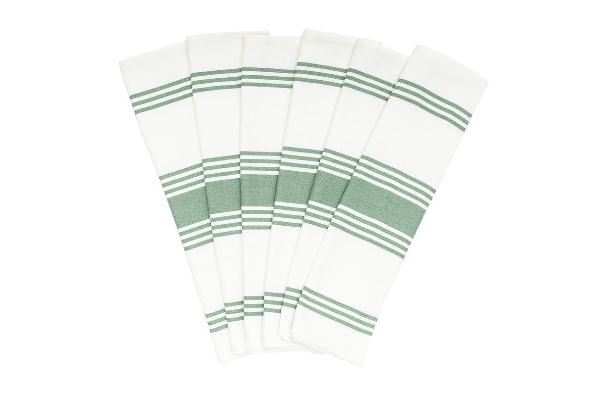 Sage green striped cotton kitchen towels — six-piece set