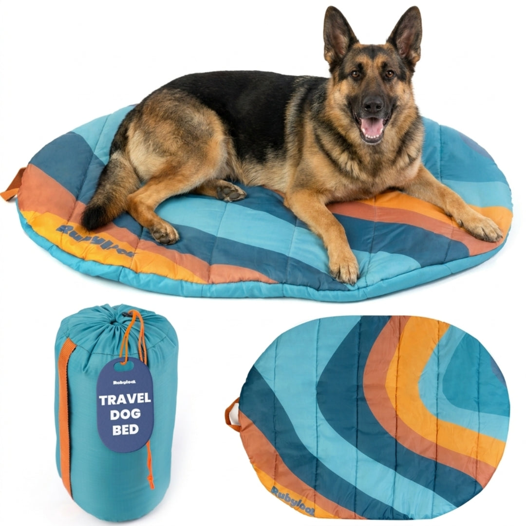 Rubyloo Sunset Surf Teal large travel dog bed with included carry bag