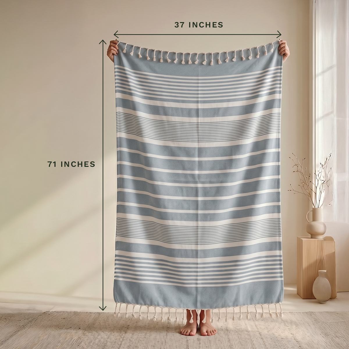 Navy striped cotton towel showing approximate 71 by 37 inch dimensions; one towel is included.