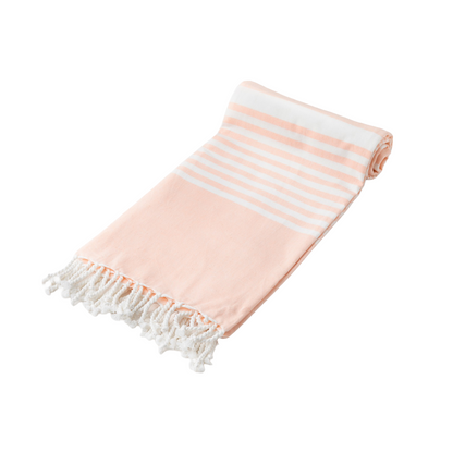 Peach striped cotton towel folded on a plain background; one towel is included.