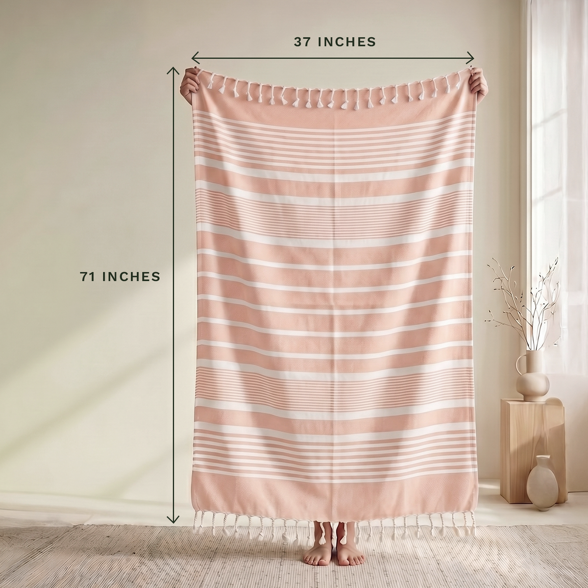 Peach striped cotton towel showing approximate 71 by 37 inch dimensions; one towel is included.