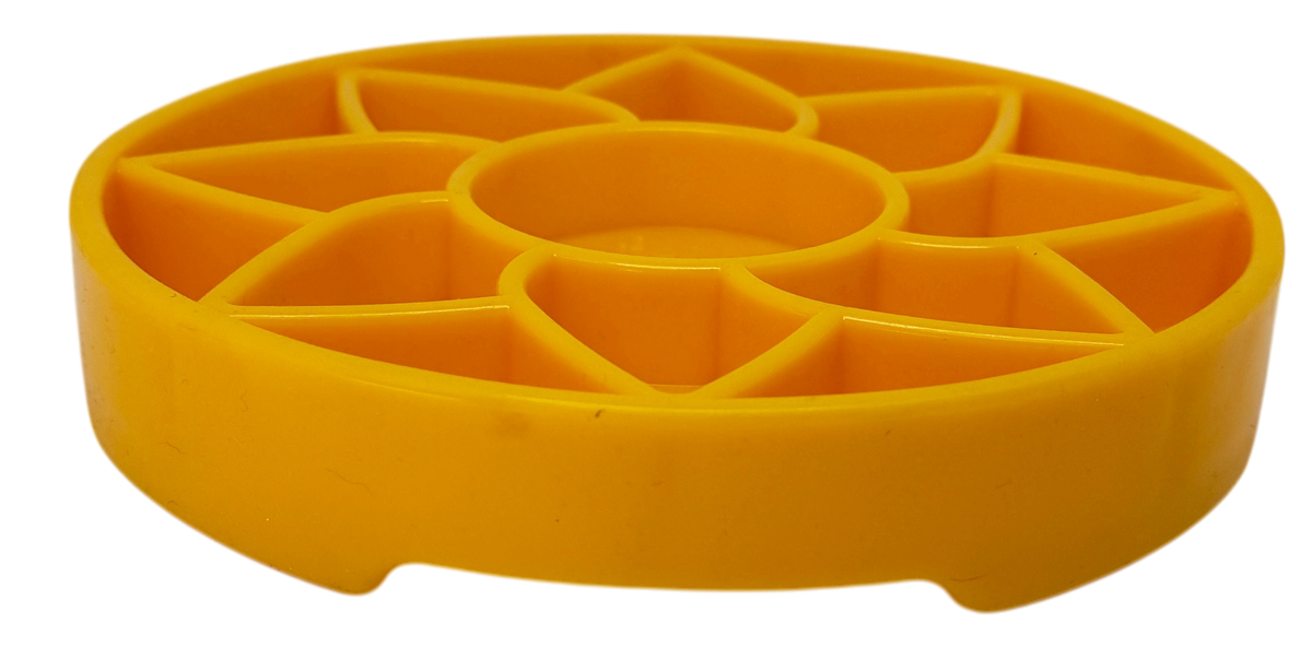 Yellow SodaPup Sunflower Softie shallow slow feeder bowl, angled view