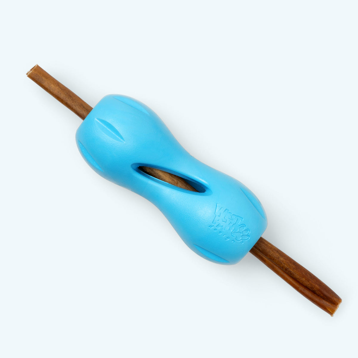A bully stick passes through an Aqua Blue West Paw Qwizl toy; bully stick is not included.