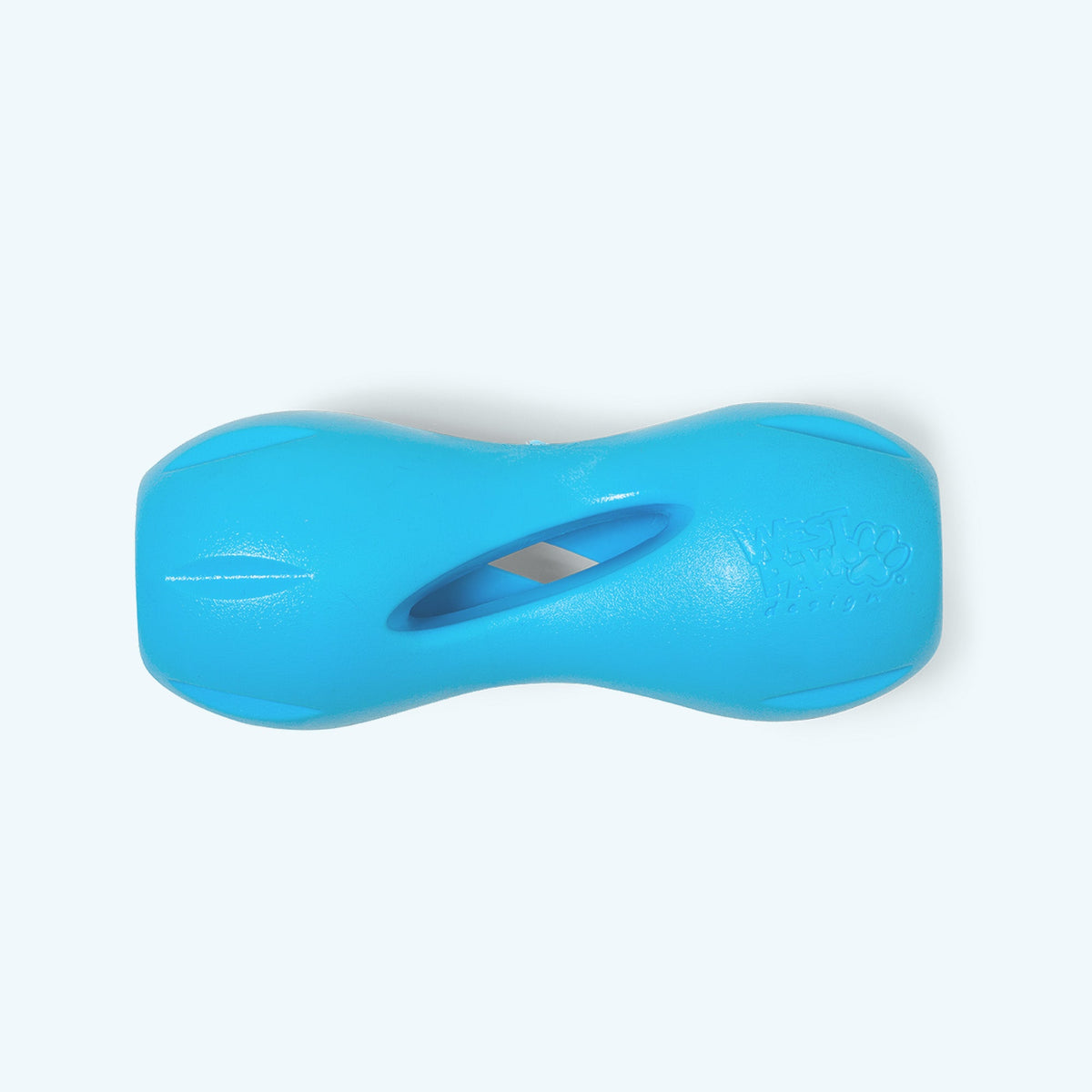 Aqua Blue West Paw Qwizl treat toy, shown alone.