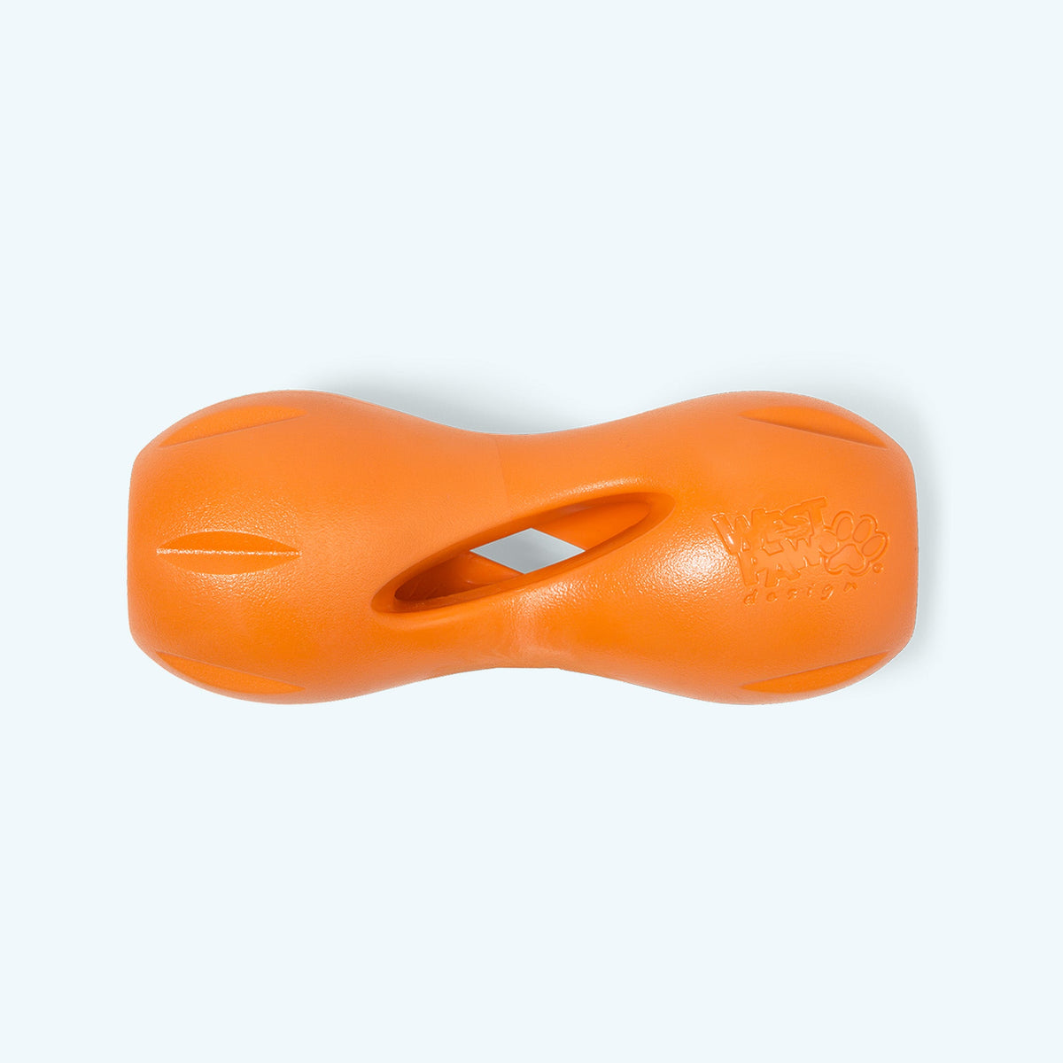 Tangerine West Paw Qwizl treat toy, shown alone.