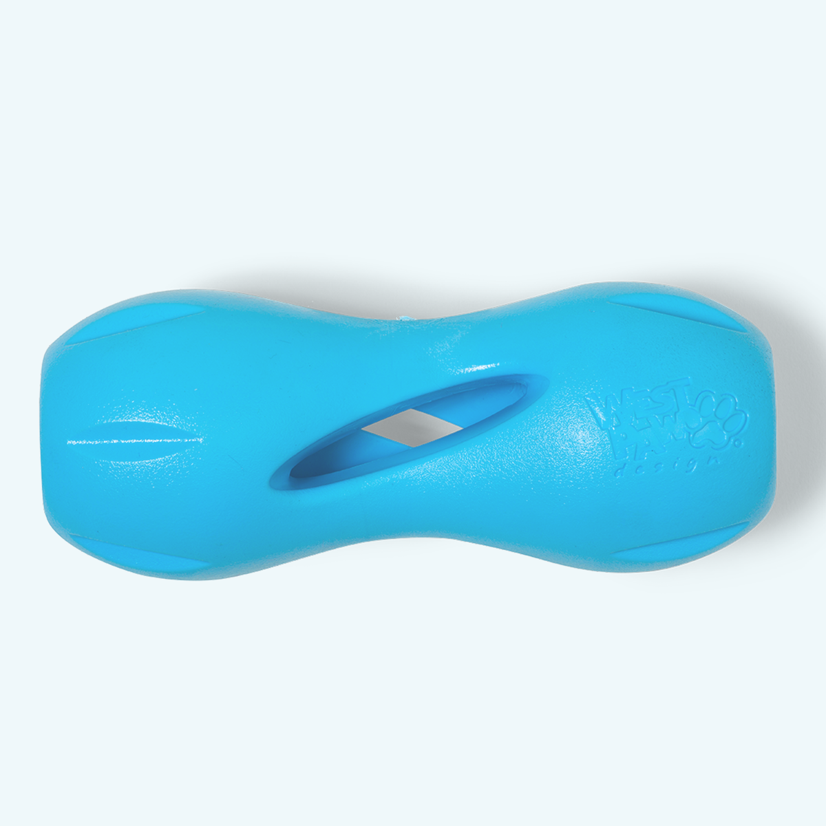 Aqua Blue West Paw Qwizl treat toy, shown alone.