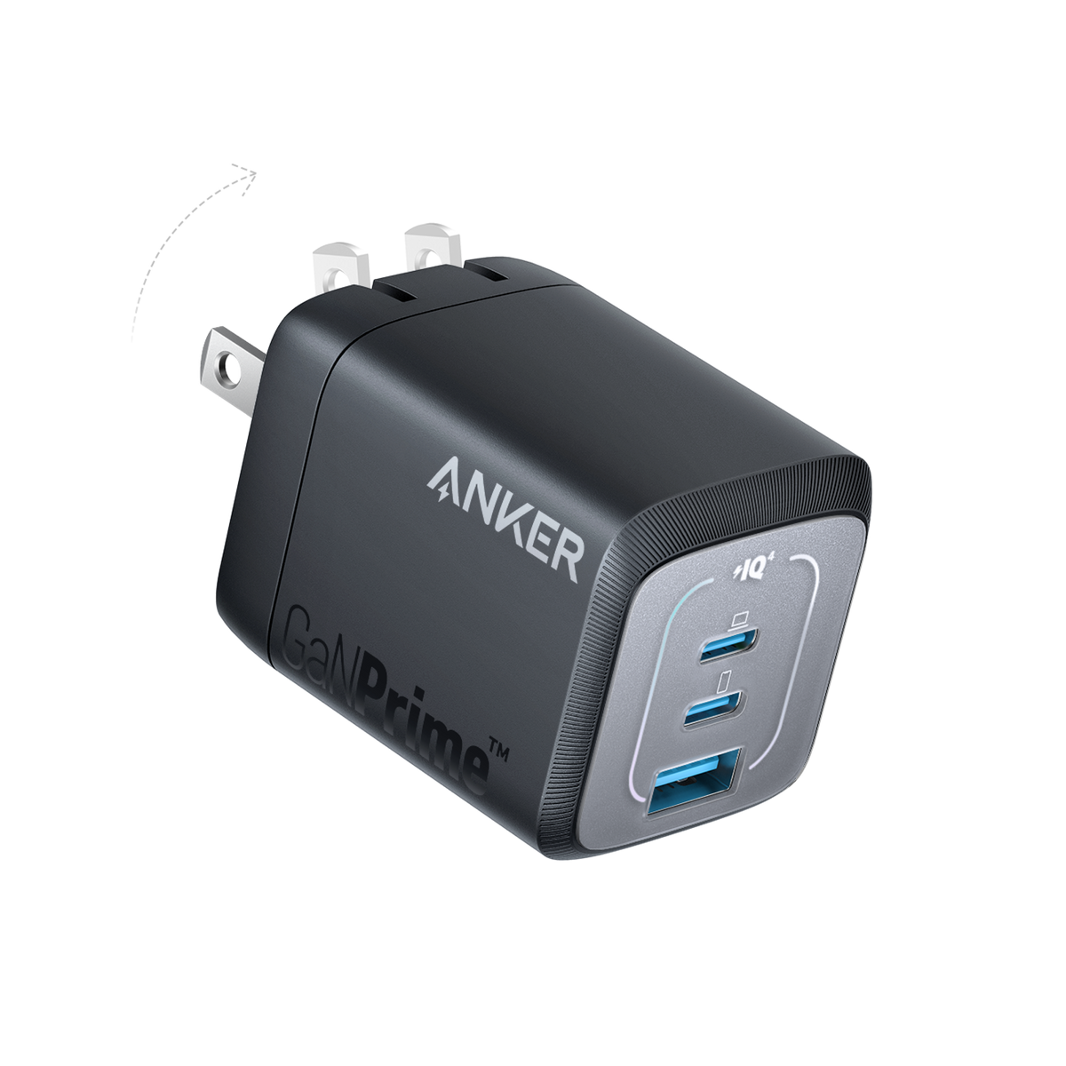 Anker Prime 67W GaN wall charger with two USB-C ports and one USB-A port, shown on a dark background.