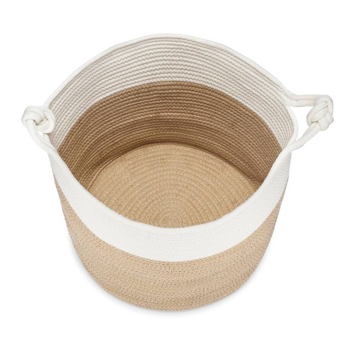Overhead view of the empty cream and beige rope basket and its woven base.