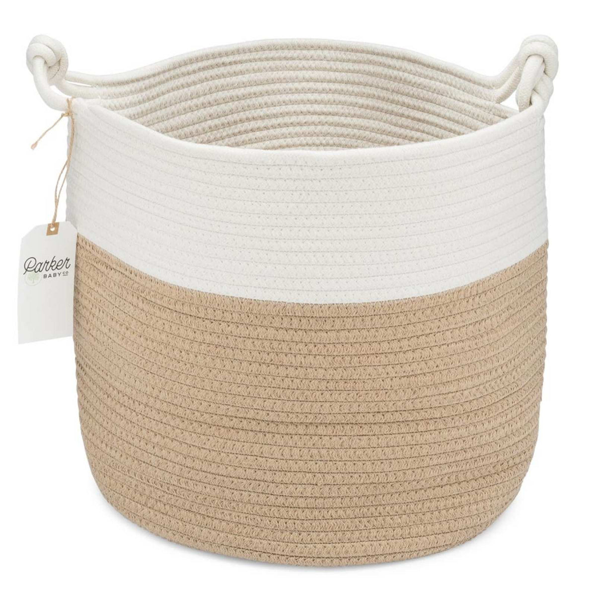 Cream and beige cotton rope storage basket with two knotted handles.