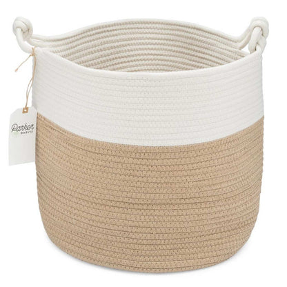Cream and beige cotton rope storage basket with two knotted handles.