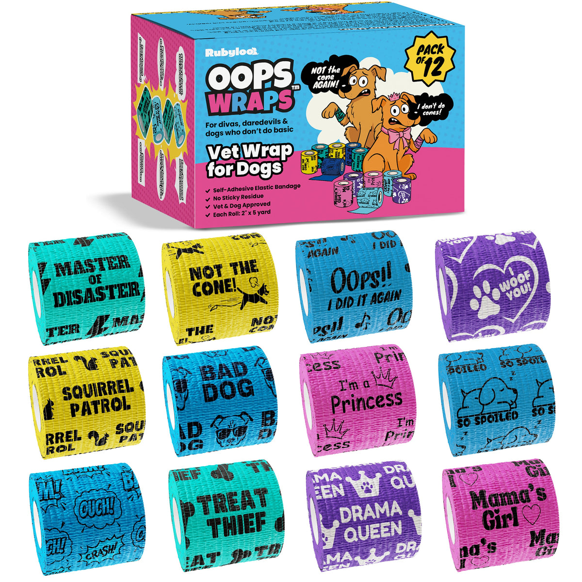 Rubyloo Oops Wraps All Attitude mixed 12-roll pack and printed wrap rolls